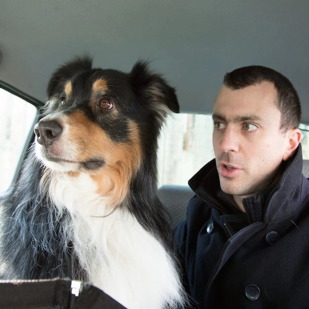 Mann und Hund im Auto
